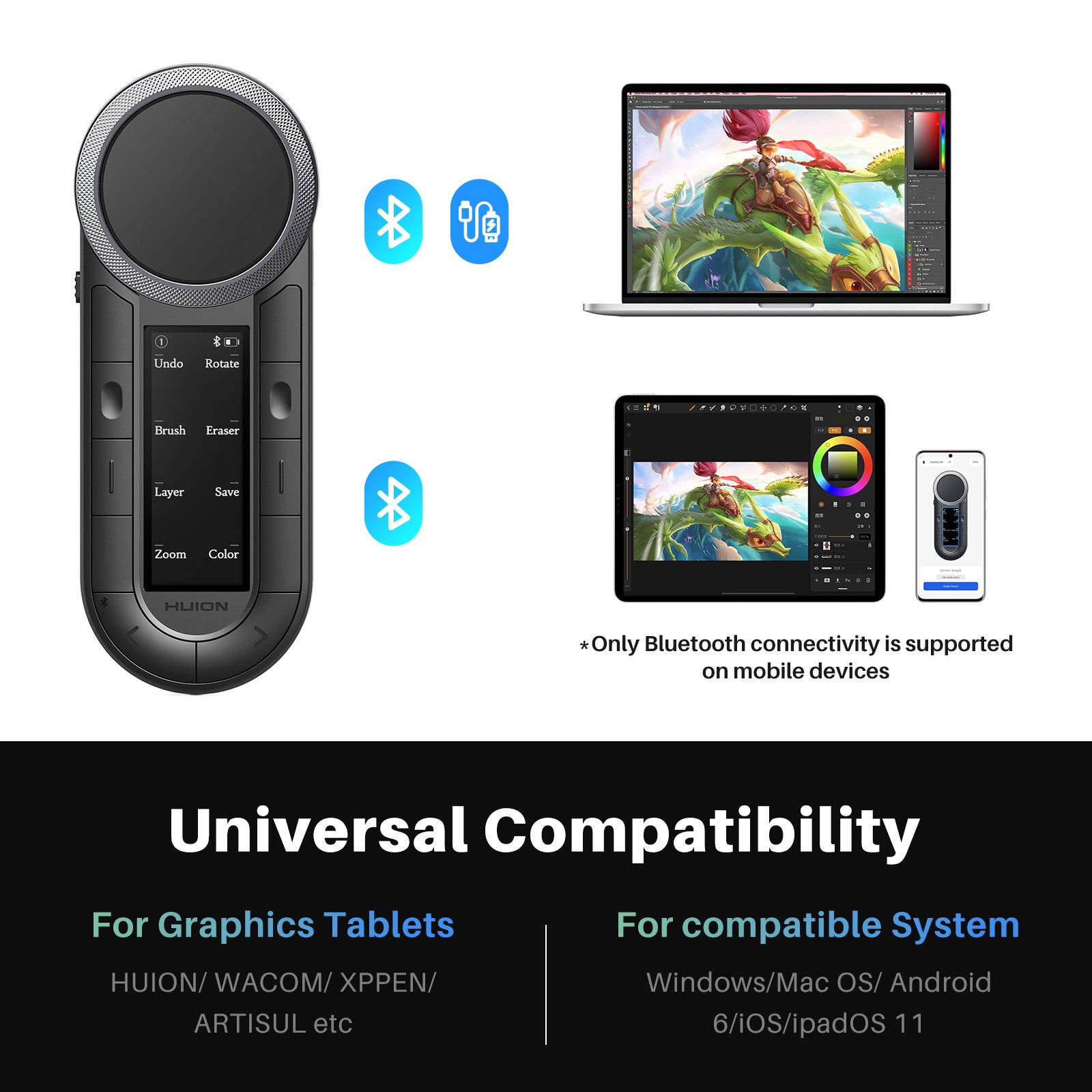 HUION Keydial Remote Bluetooth Programmable Keypad Dual Dials 60 Customized Keys