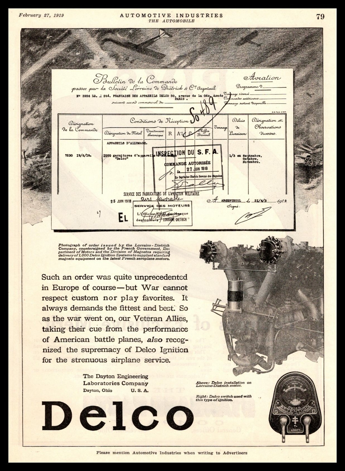 1919 Delco Plane Ignition Lorraine Dietrich French Government WWI Order Print Ad