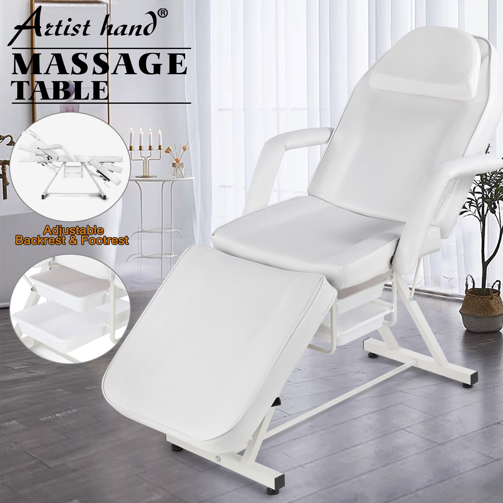 Artist Hand White Tattoo Massage Table Facial Bed Beauty Spa Salon W/Storage Box