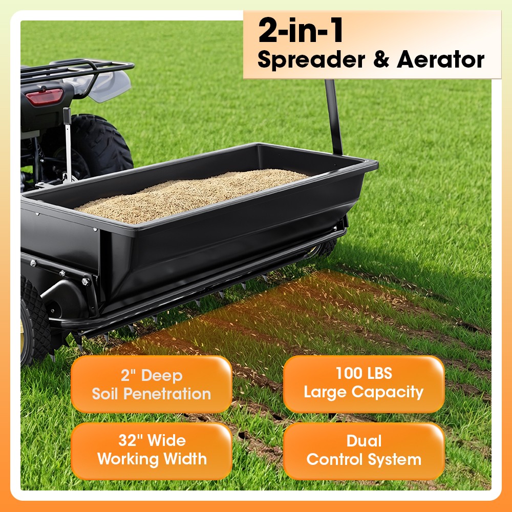 32" Tow-Behind Broadcast Spreader Heavy Duty Spike Aerator with 100lbs  Capacity