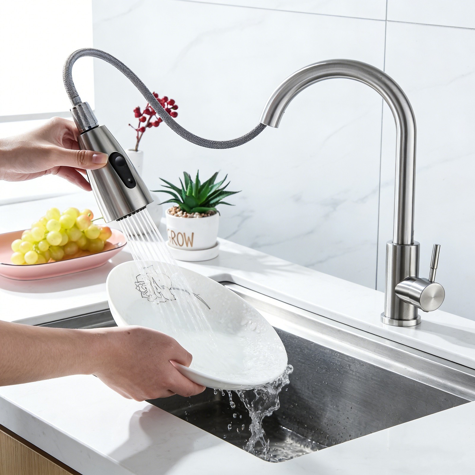 Kitchen Sink Faucet Brushed Nickel Single Handle Swivel Pull Down Sprayer Mixer