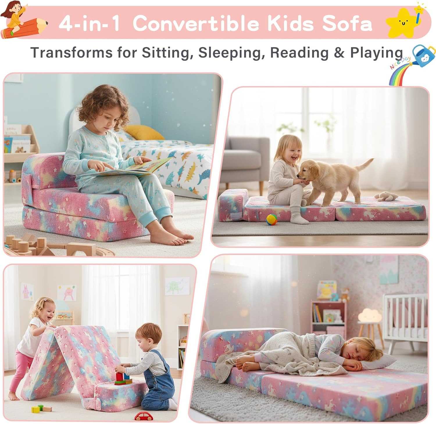 Colorful Folding Sofa Bed for Kids, Removable Cover Toddler Couch Bed
