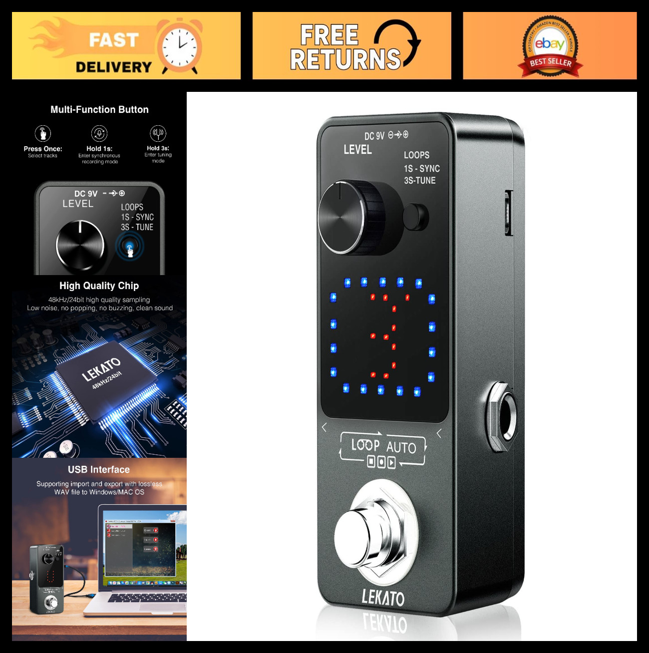 Guitar Looper Pedal for Electric Guitar & Bass, SYNC & Tuner, 3 Loops, 18 Min Re
