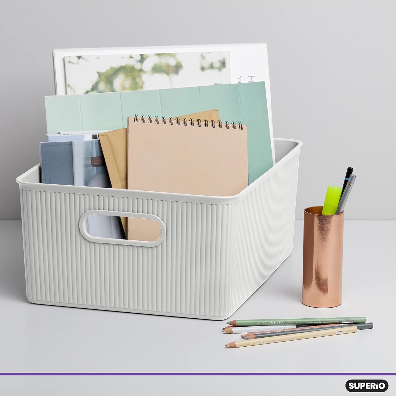 Superio Medium White Ribbed Storage Bin, Plastic Storage Basket (15 Liter)