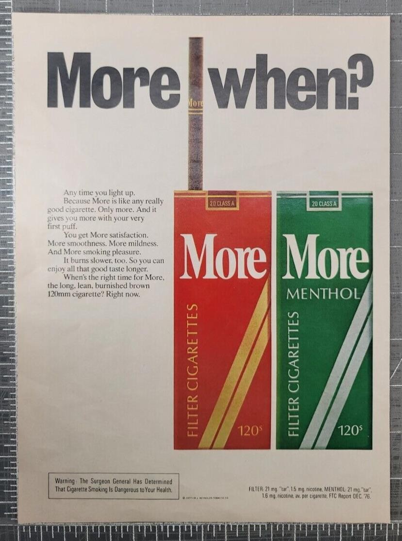 More Menthol and Non-Menthol Cigarettes Tobacoo Vintage Print Ad 1977