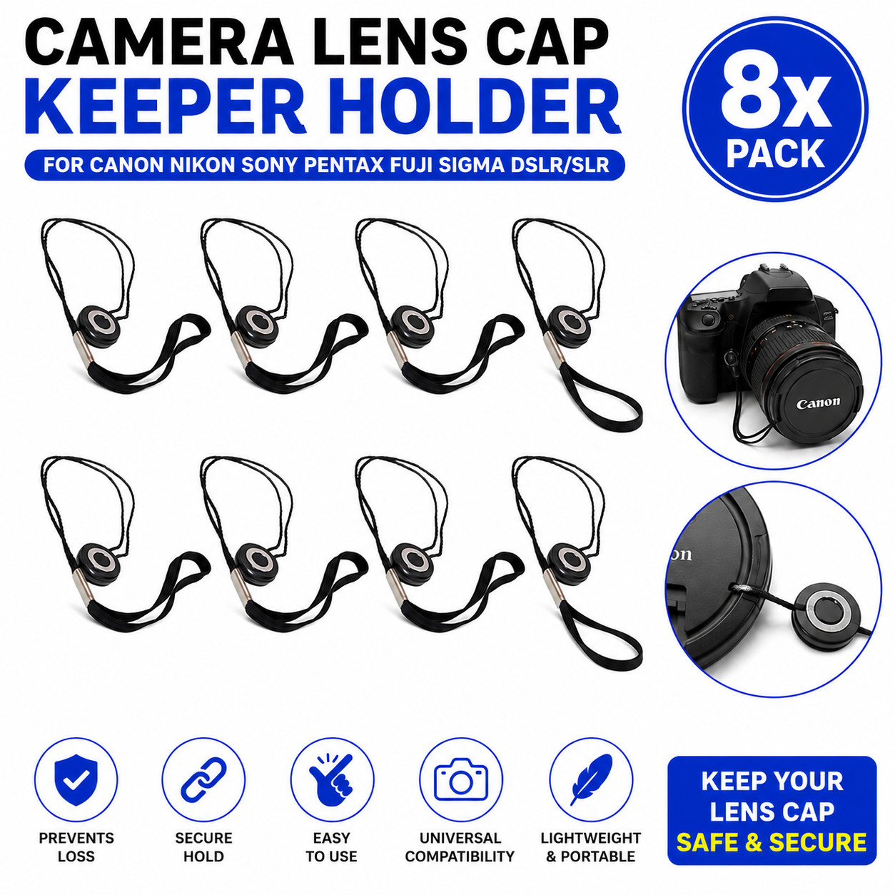 Camera Lens Cap Holder Leash for DSLR SLR – Adhesive String Tether, 8 Pack