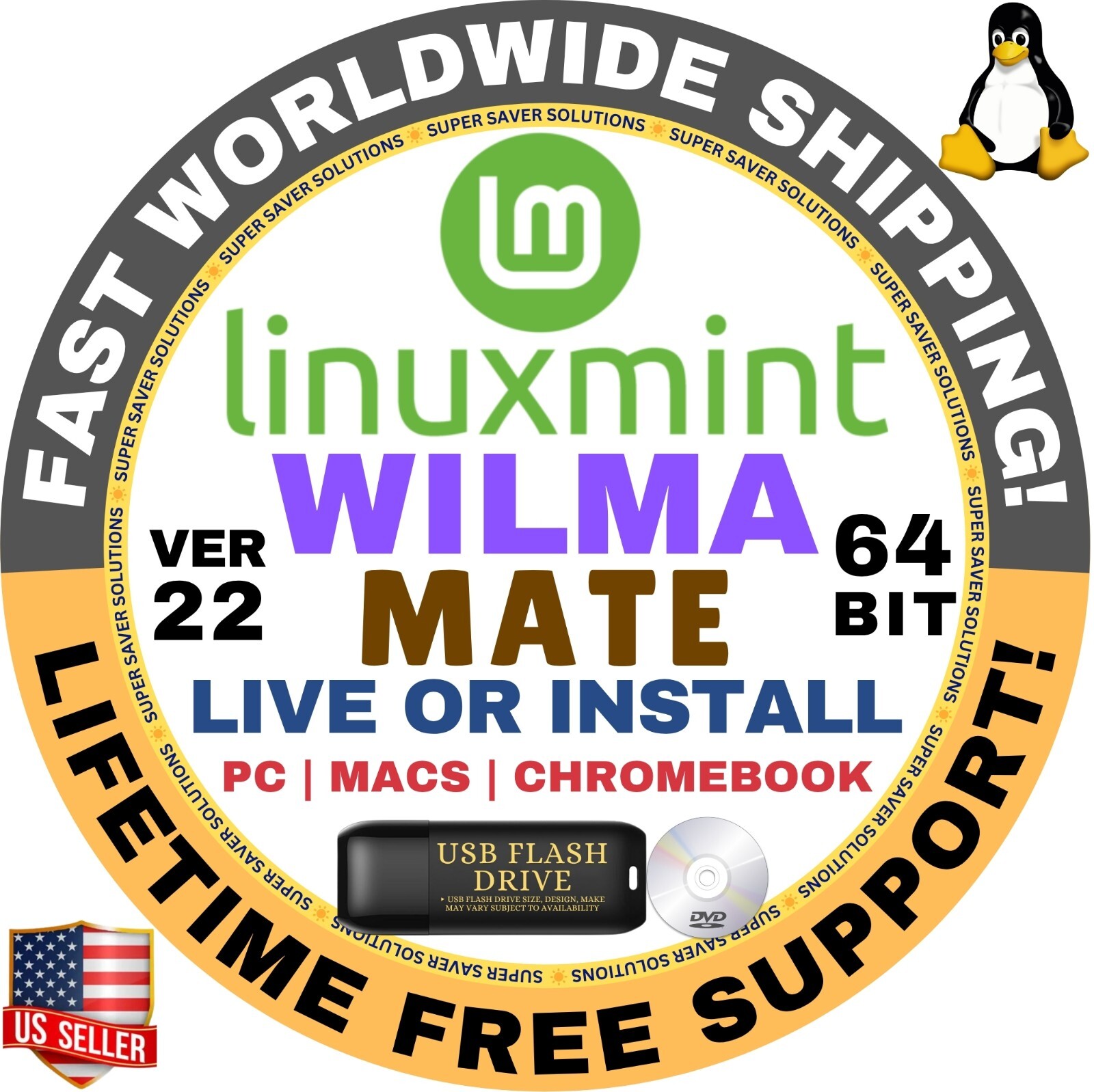 Linux MINT 22 USB WILMA MATE, 64-Bit Live Boot, Full Install for MAC, PC