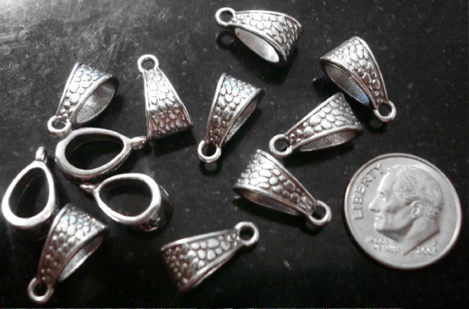 12 Bails antique silver plated textured no lead closed ring pendant bails pfg007