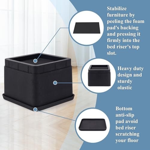 Adjustable Bed Risers 3 or 6 Inch Heavy Duty Stackable 4 pack 3 Inch Black