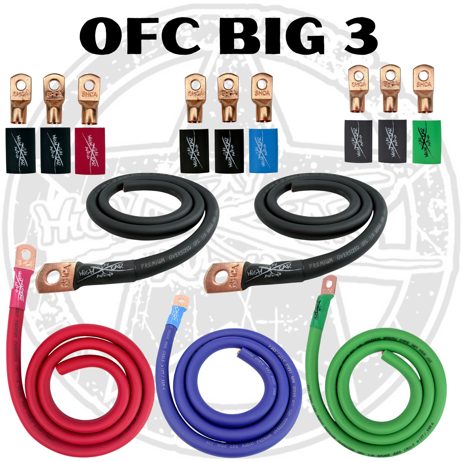 Sky High Car Audio 1/0 Gauge OFC Big 3 Upgrade Kit 4ft Power Ground Wire Voltage