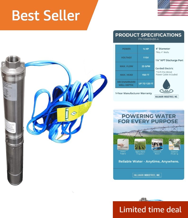 Compact Deep Well Submersible Pump - 25 GPM, 115V, Stainless Steel Durability