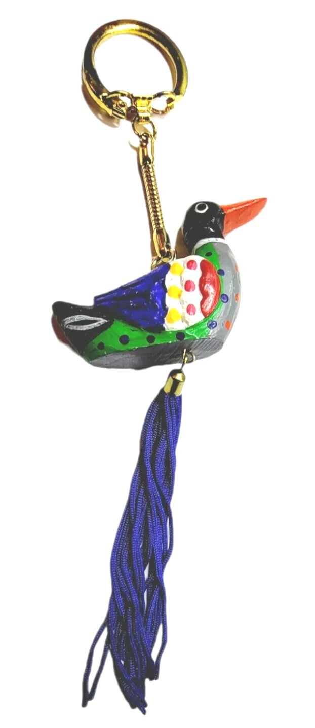 Duck Tassel Keychain Artisan Painted Wooden Feng Shui Keyring Tassle Gift