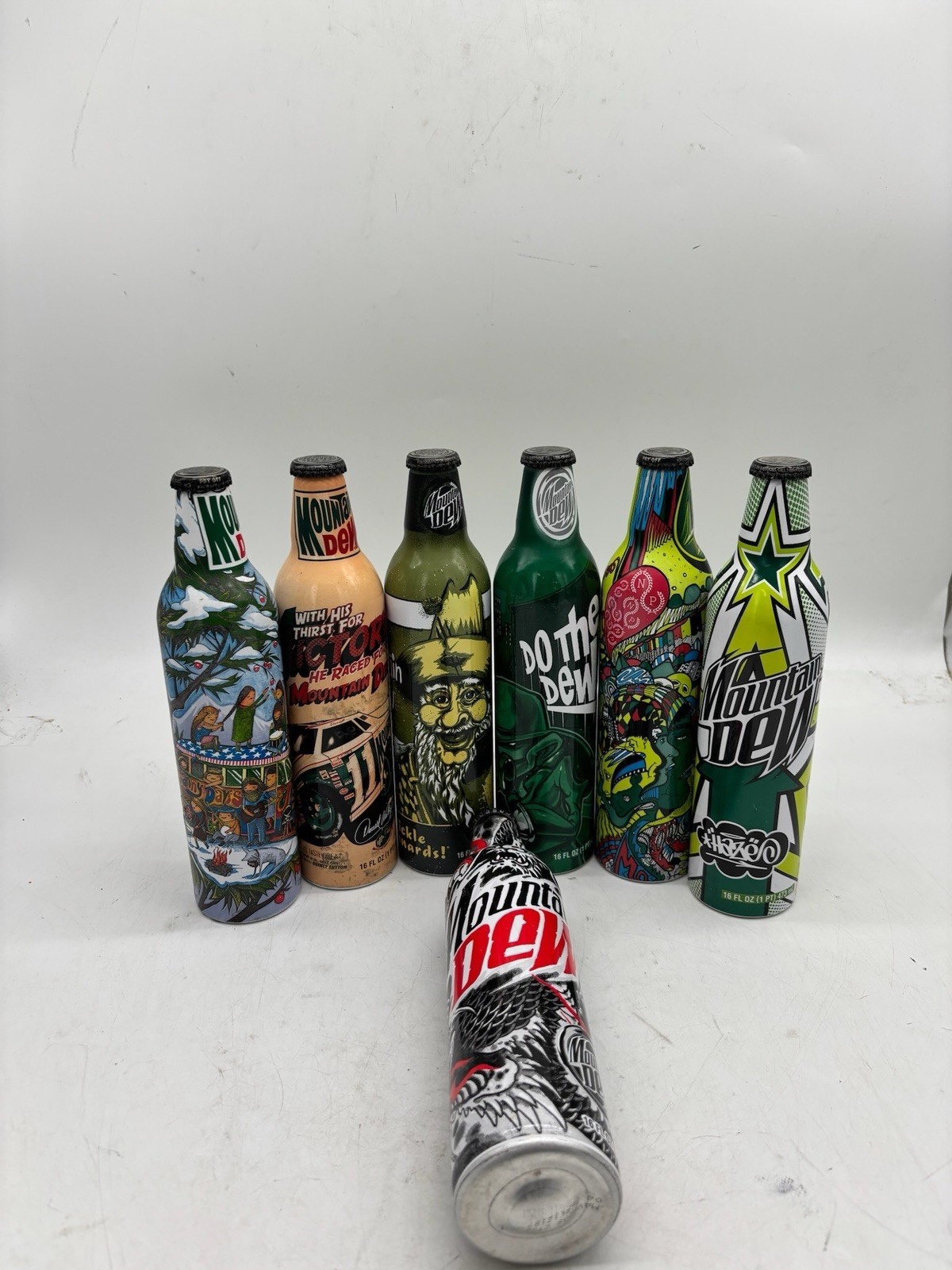 Mountain Dew Metal Bottle Collectible Lot Of 7 Art Bottle Can