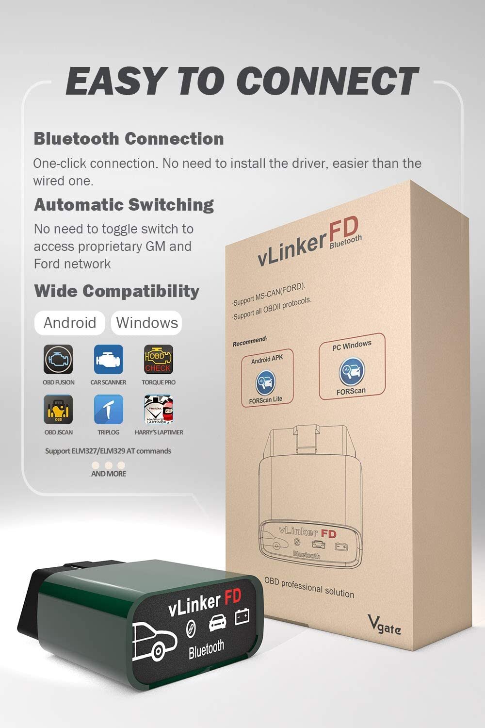 Vgate OBD2 Bluetooth Scanner vLinker FD Diagnostic FOR-Scan Adapter for Android