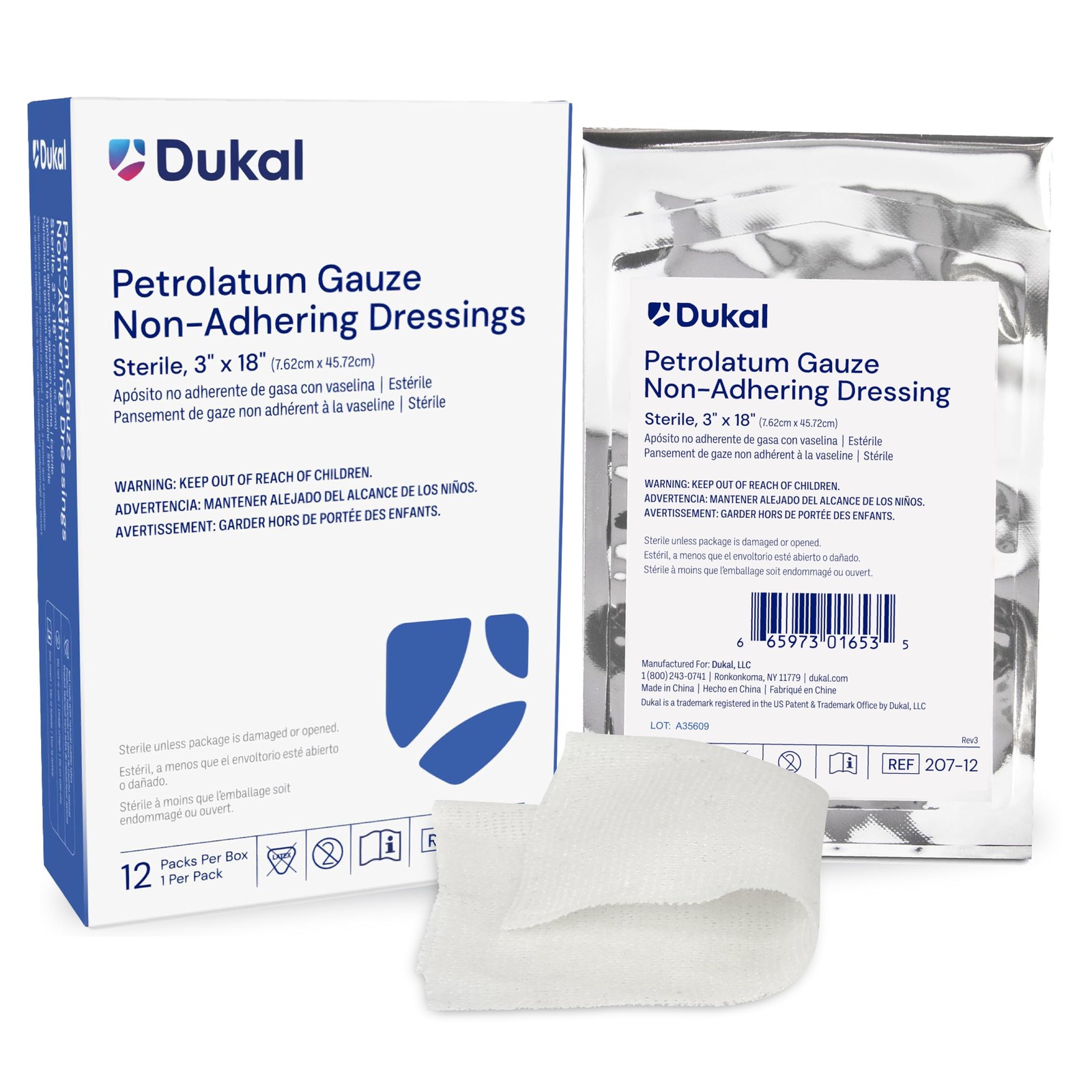 Dukal 207-12 Petrolatum Gauze, Sterile, 3 W x 18 L (Pack of 12)