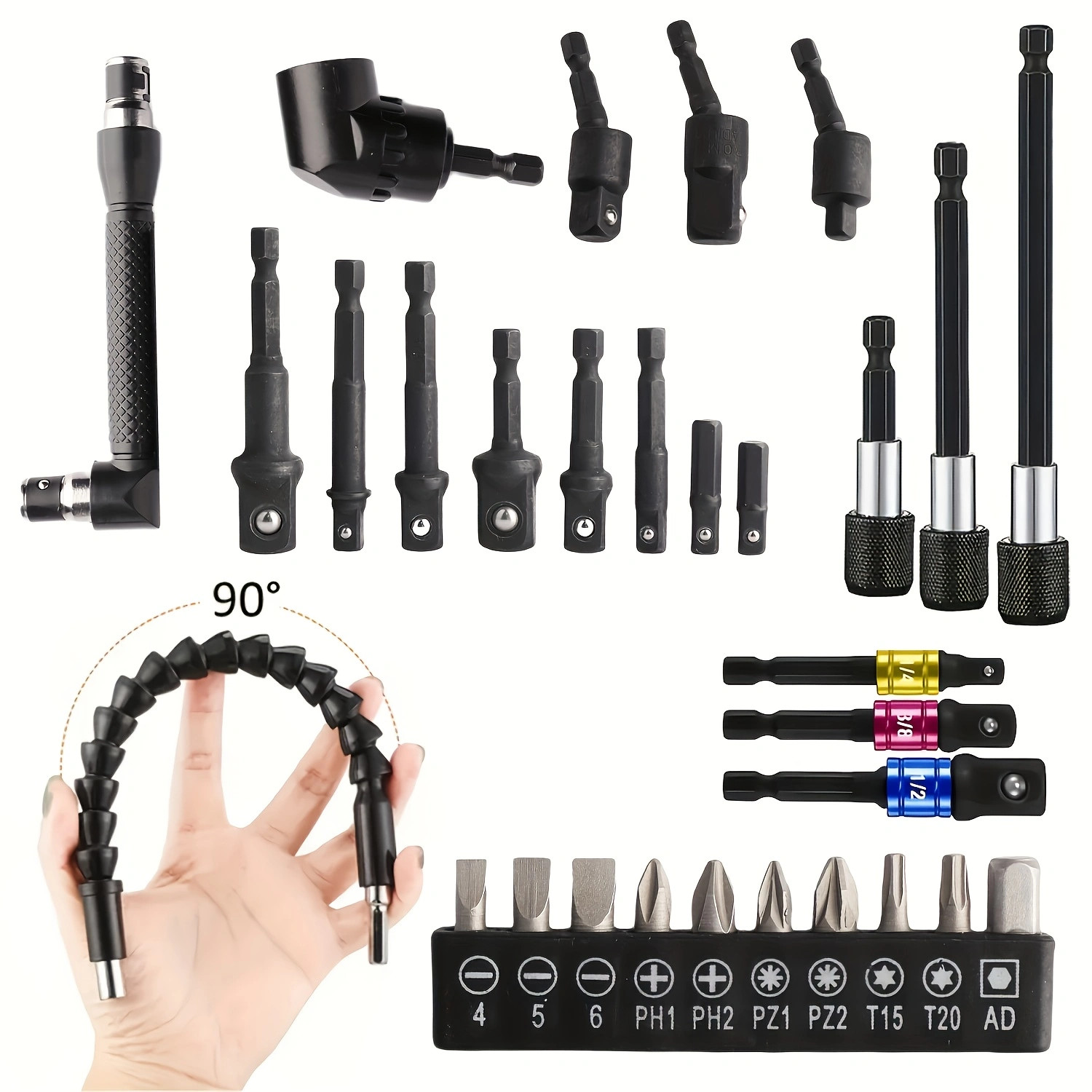 31pcs Flexible Drill Bit Extension Set Hex Shank 105° Right Angle Attachment