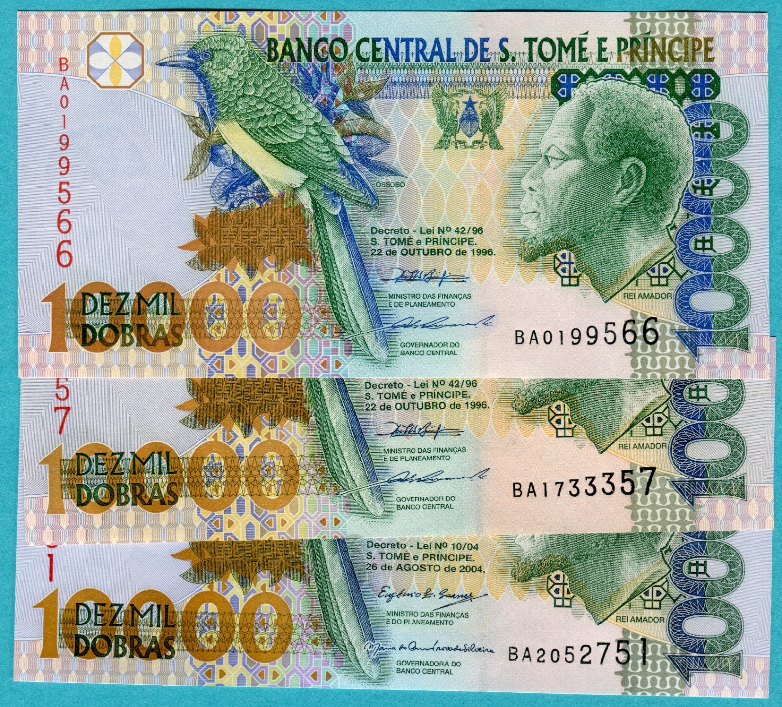 Saint Thomas & Prince 10,000 Dobras 1996 / 2004 P66a, P66b, P66c UNC