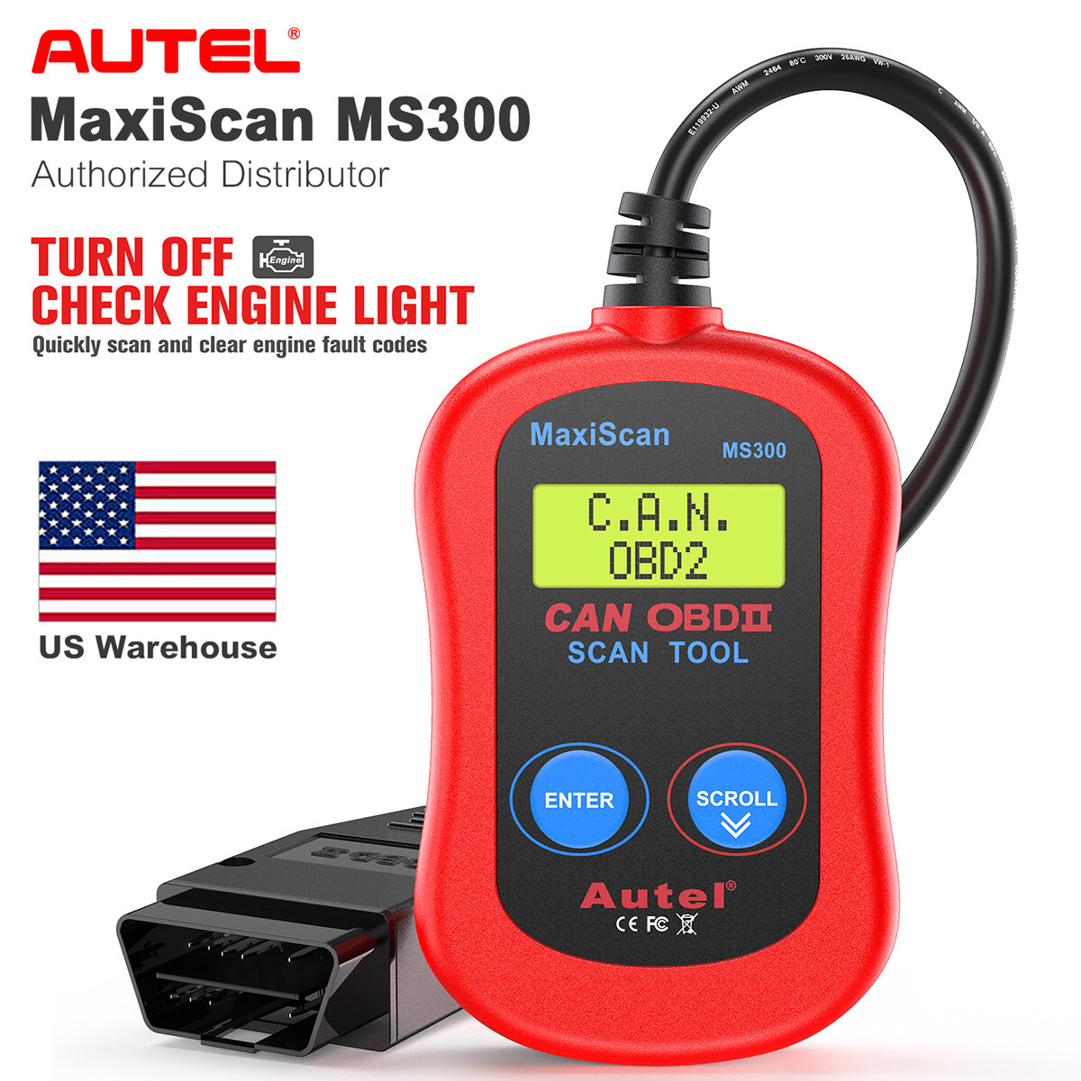 Autel MS300 OBD2 Scanner Code Reader, Turn Off Check Engine Light CAN Diagnostic
