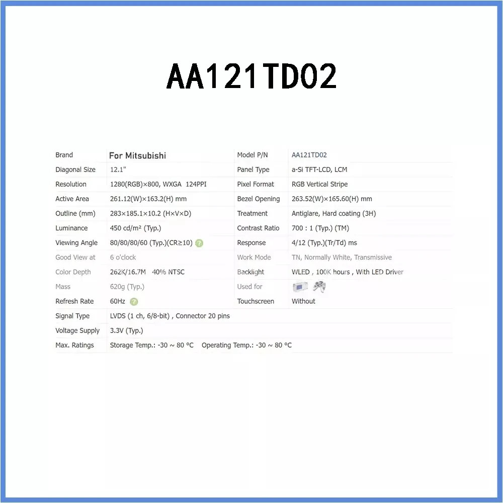 10.4 inch AA121TD02 LCD Screen Panel Display,Delivery after testing. 1280*800