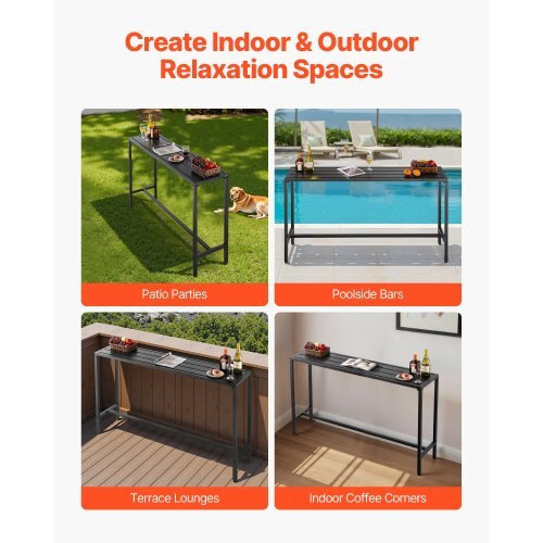 Outdoor Bar Table, 63 x 15 in Patio Bar Table, Waterproof Top & Sturdy Metal Fra