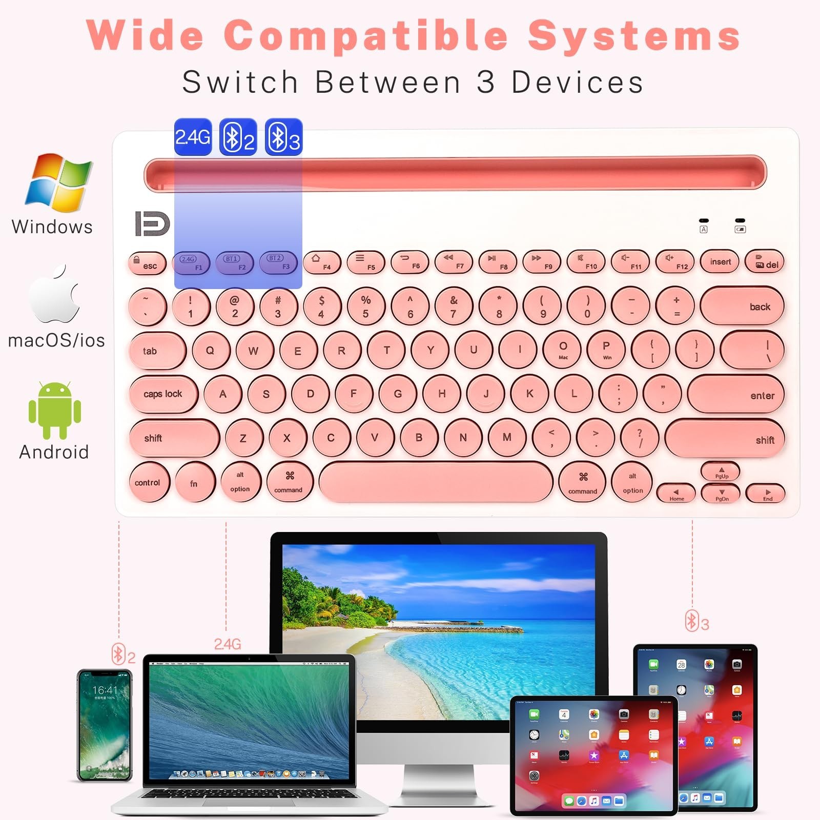 Wireless Keyboard, Dual Channel Multi-Device Universal Cute Wireless Bluetoot...