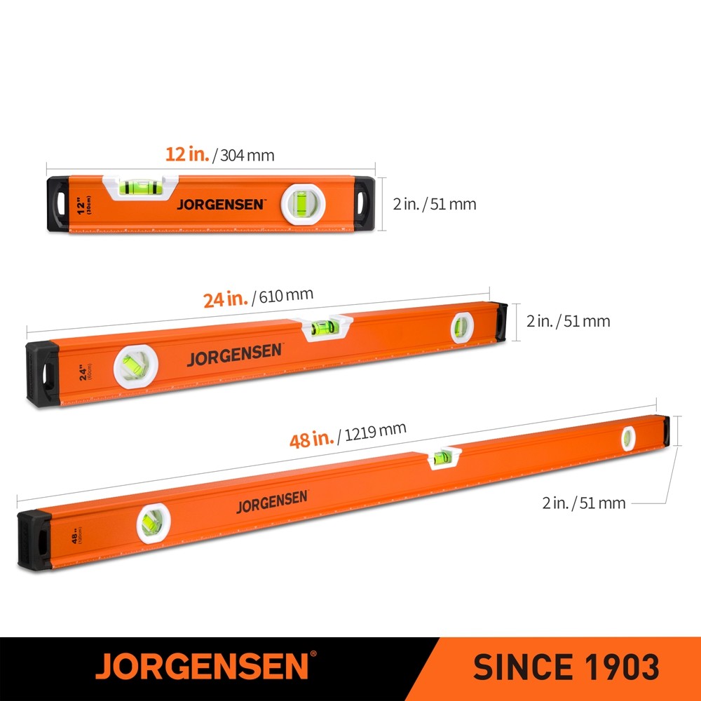 JORGENSEN 3PCS 12"/24"/48" Aluminum Spirit Level Set Torpedo Levels 45°/90°/180°
