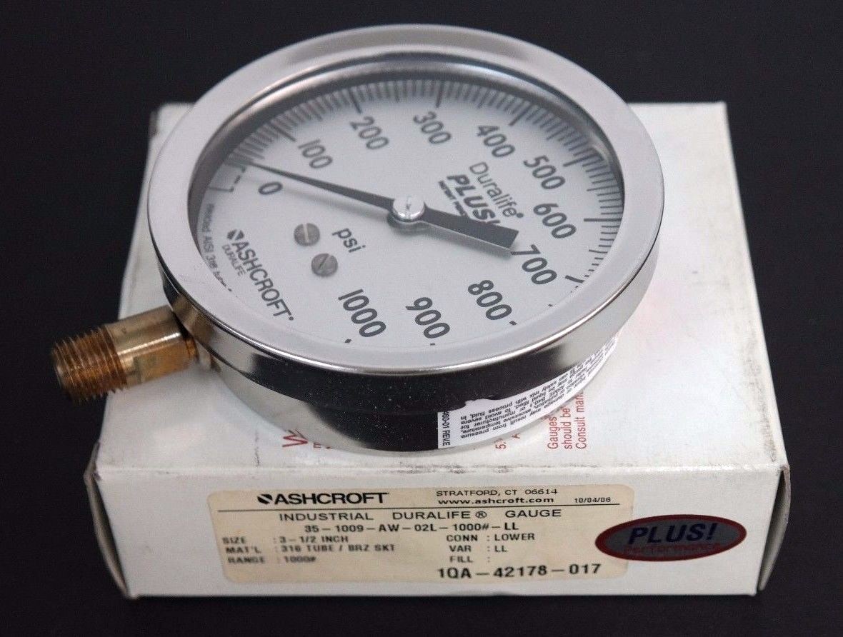 NIB ASHCROFT 35-1009-AW-02L-1000#-LL DURALIFE GAUGE 3-1/2 INCH, 1QA-42178-017