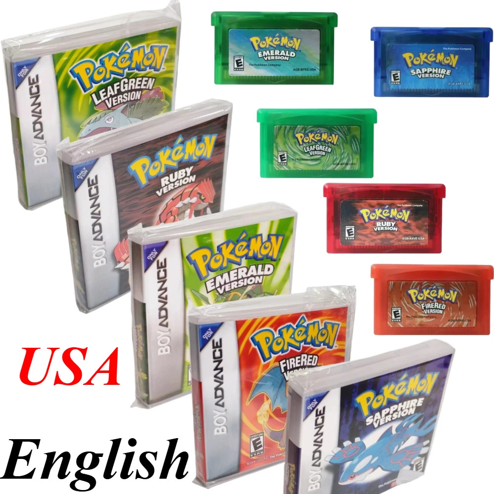 English Pokémon 32 Bit Video GBA Game Card Bundle USA Version Ruby Sapphire Emer