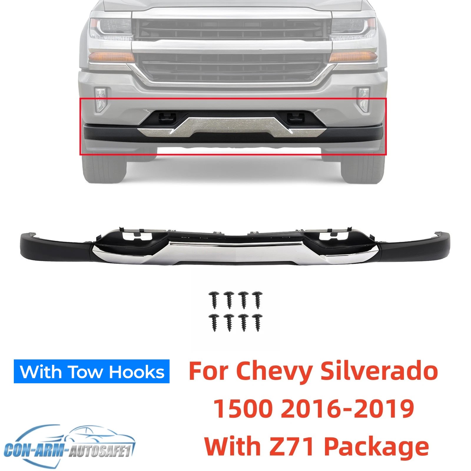 For Chevy Silverado 1500 2016-2019 Black Front Bumper Valance &Chrome Skid Plate