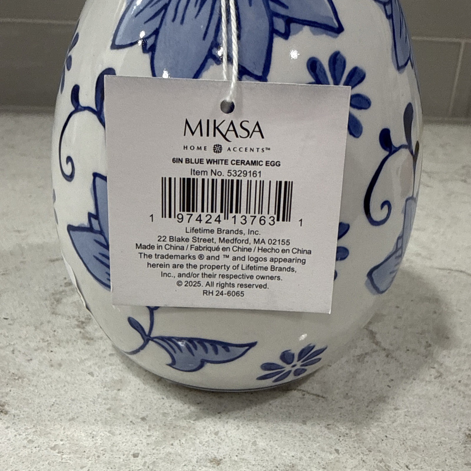 MIKASA Home Accents 6 x 4.5” Blue & White Chinoiserie Ceramic Egg Easter Decor