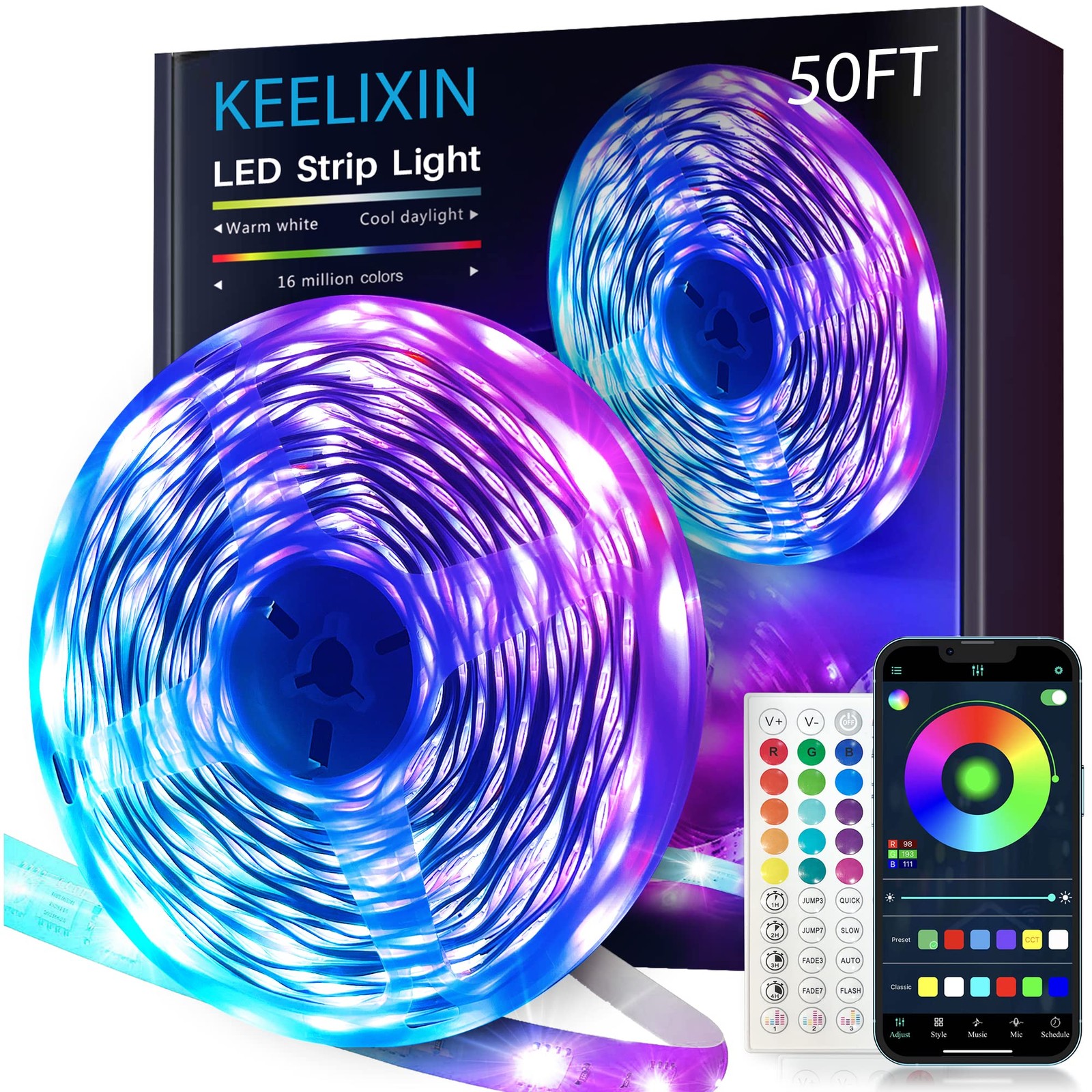 KEELIXIN LED Lights Music Sync RGB Strip with 50 feet, Multicolor