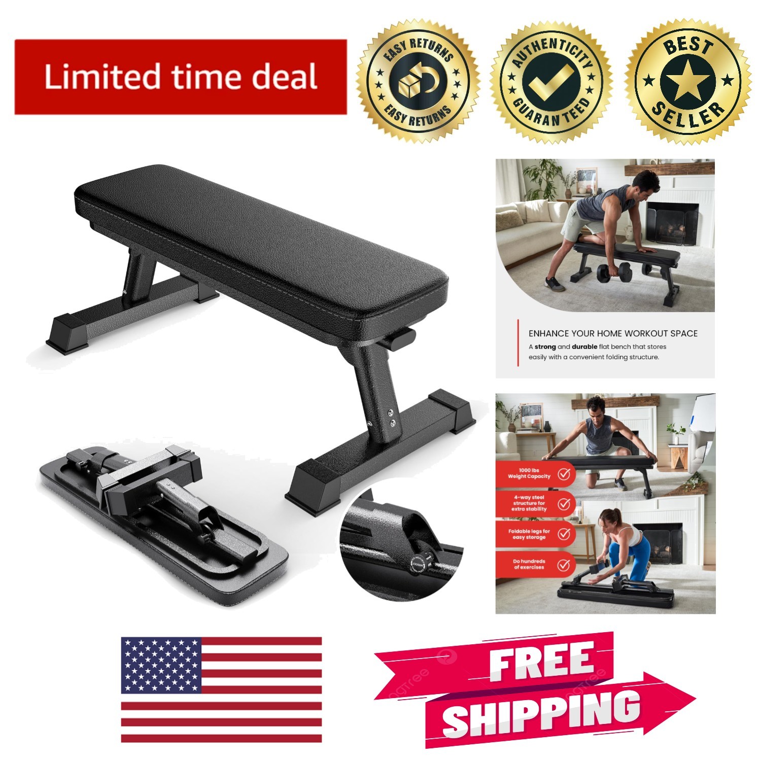 Gym Quality Foldable Flat Bench for Total Body Training & Ab Work - PDF Included