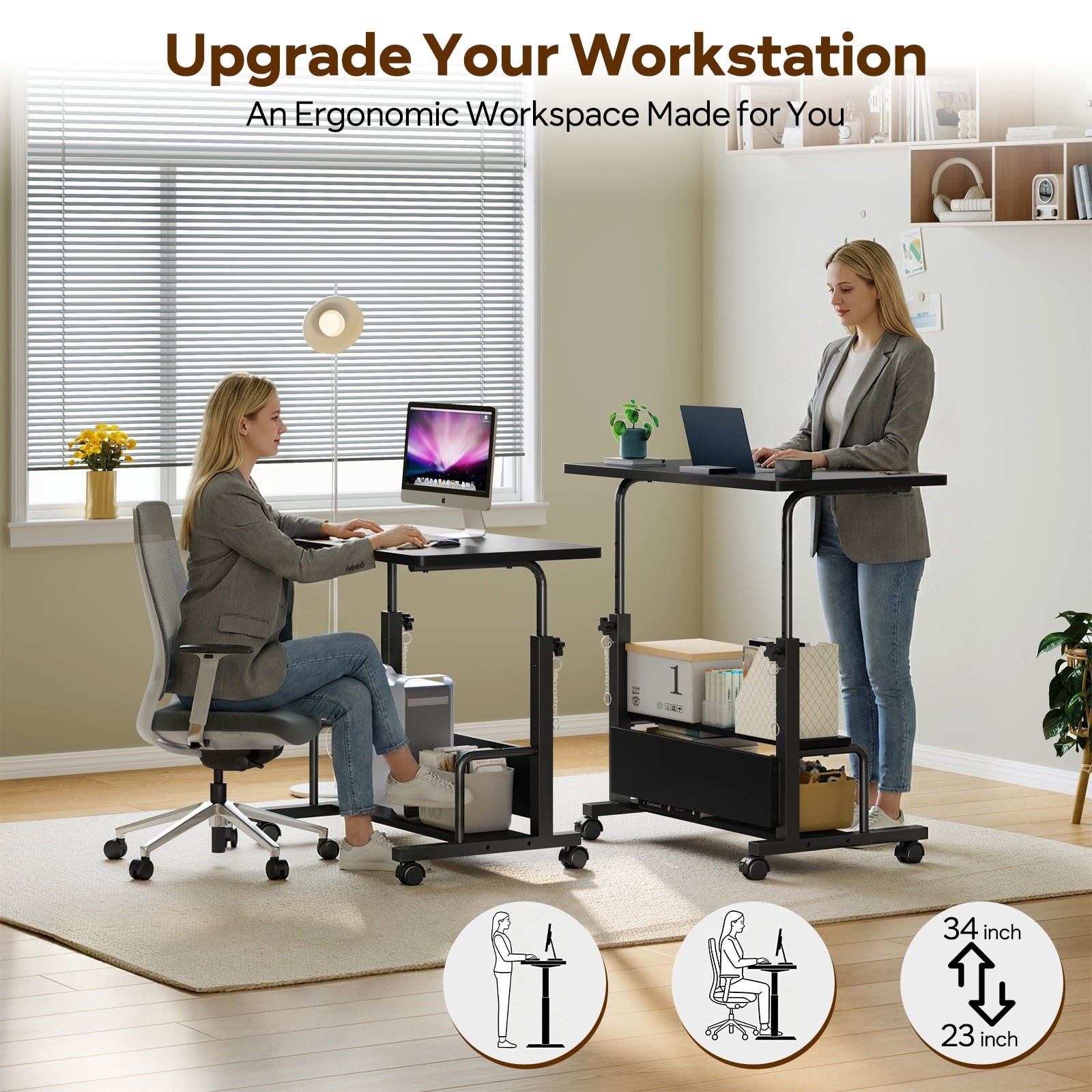 Height Adjustable Desk Standing Desk Small Desk for Small Spaces, Mobile Rolling