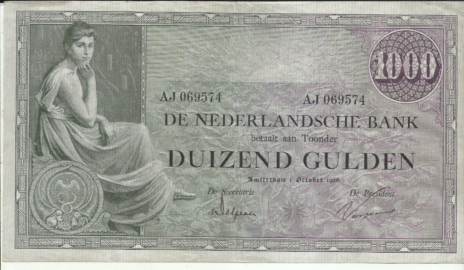 NETHERLANDS 1000 GULDEN 1926  P 48. VF+ CONDITION. 9RW 05NOV