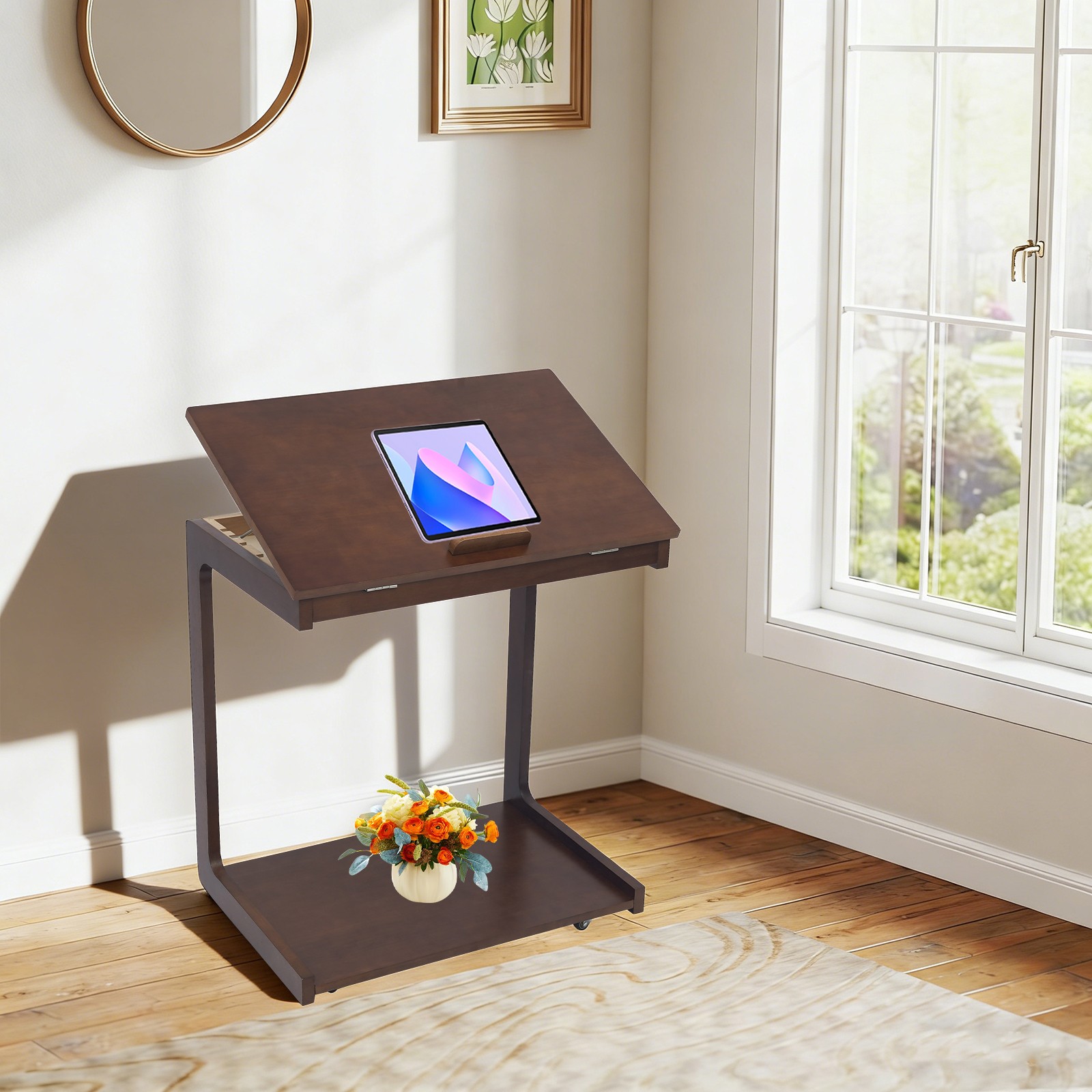 C-Shaped Wooden Side Table Sofa Side Table Rolling Side Table w/Flip Desktop