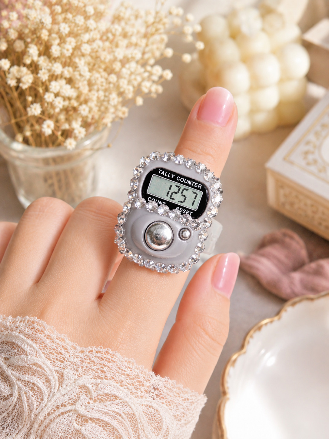 Cute Crystal Digital Finger Tally Counter Ring | Kawaii Tasbeeh Crochet Stitch