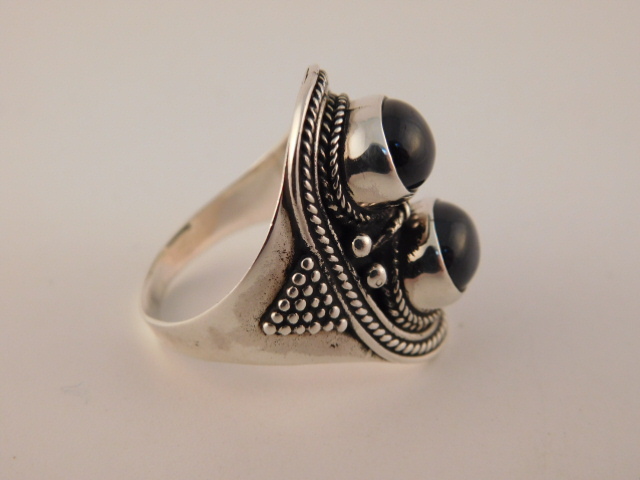 ONYX STERLING DOUBLE CABOCHON BEADED RING SZ 9.25 SILVER 925