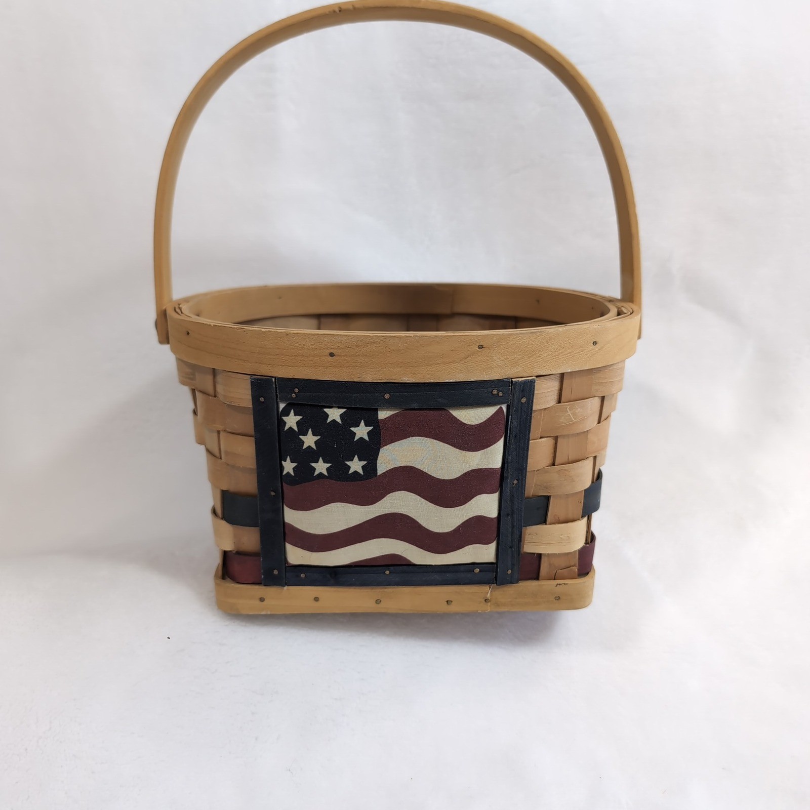 Vintage Americana Woven Wood Basket w/ Plush American Flag Fabric Patriotic 4oJ