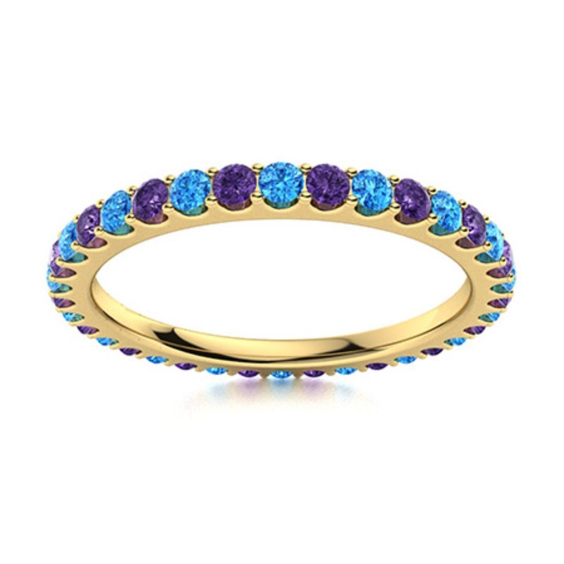 2mm Amethyst Swiss Blue Topaz Eternity Ring 925 Sterling Silver Yellow Plated