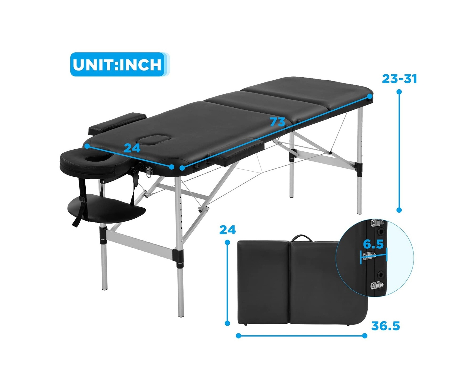 Massage Table Portable Massage Bed 3 Folding 73 Inch Height Adjustable Alumin...