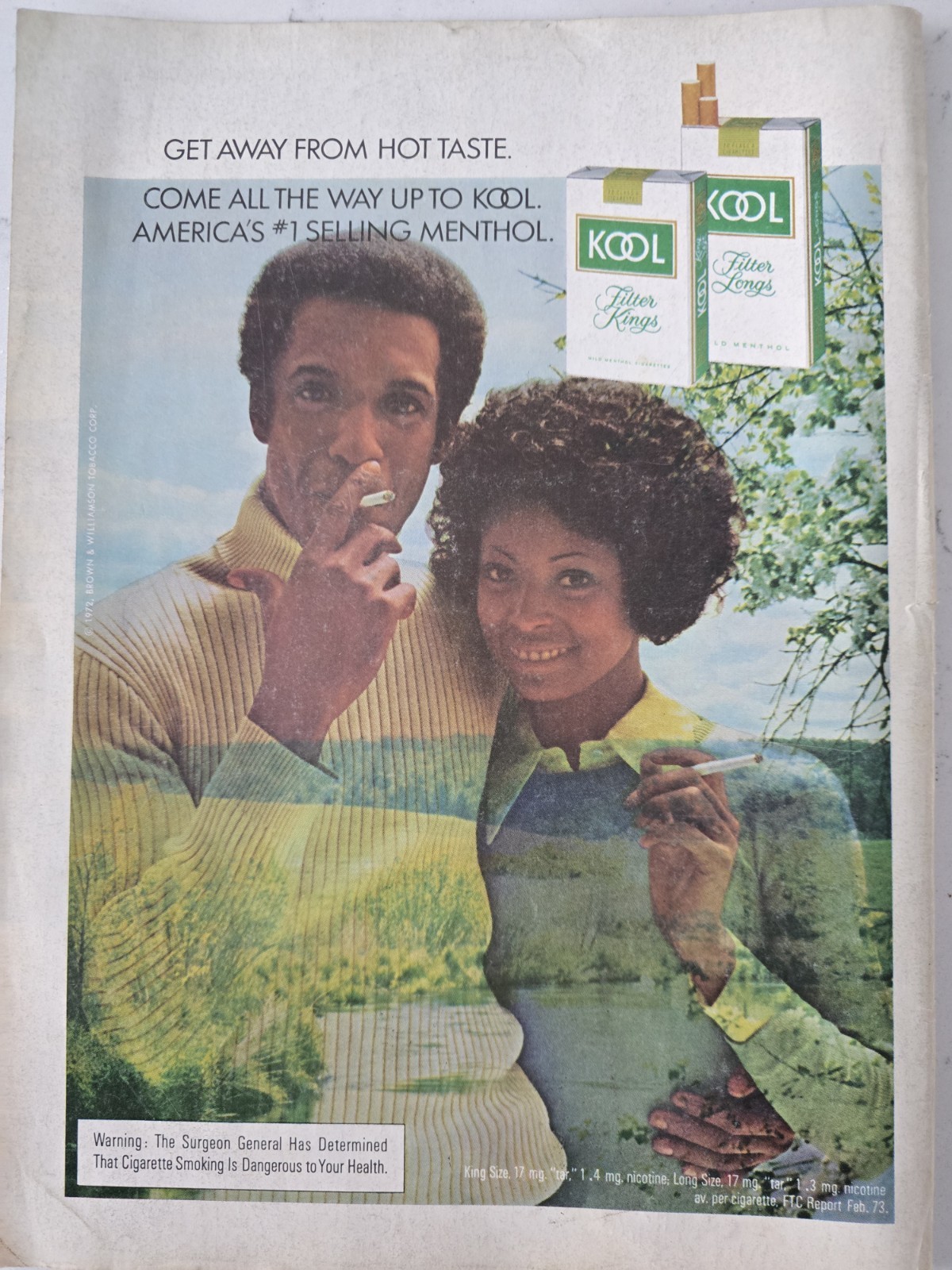 1973 Kool Cigarettes African American couple smoking get away from hot taste Ad