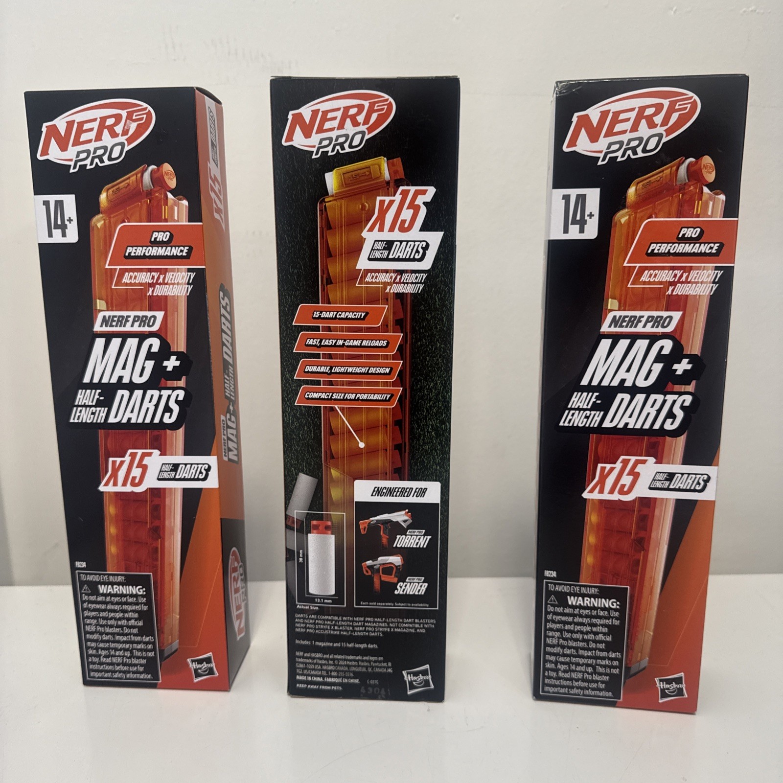 Nerf Pro Mag with 15 Half-Length Darts Magazine plus Refills Lot Of 3