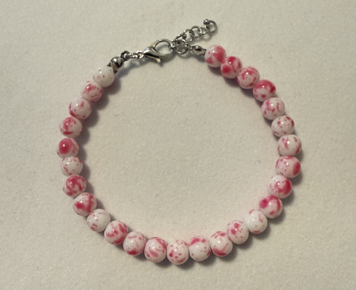 Handcrafted Bracelet, Pink & White Marbled Glass beads