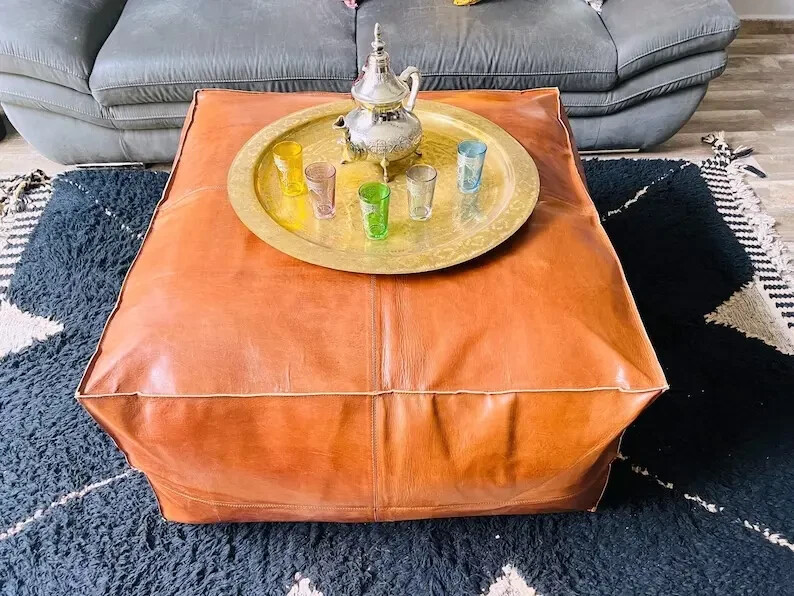 Square Goat Classic Moroccan Footstool Boho Leather Handmade Ottoman Pouffe
