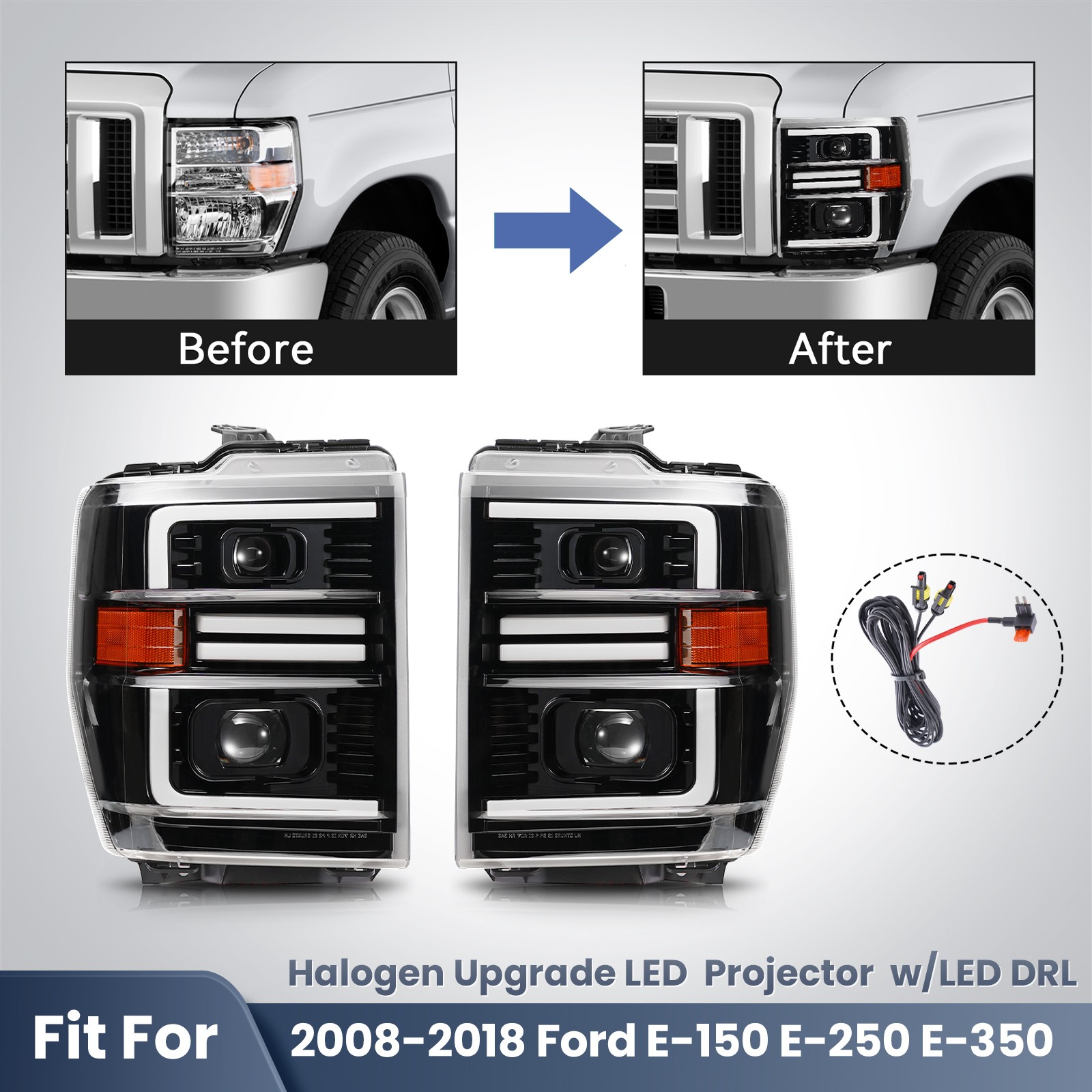 Upgrade LED Headlights For 2008-2018 Ford E-150 250 350 Projector w/LED DRL Pair