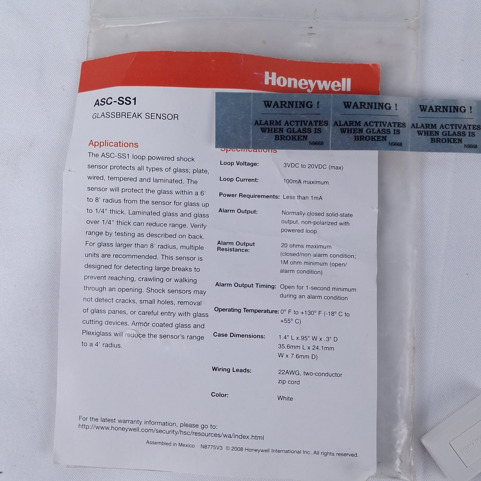 Honeywell ASC-SS1 Glassbreak Shock Sensor Loop Powered Security Alarm White