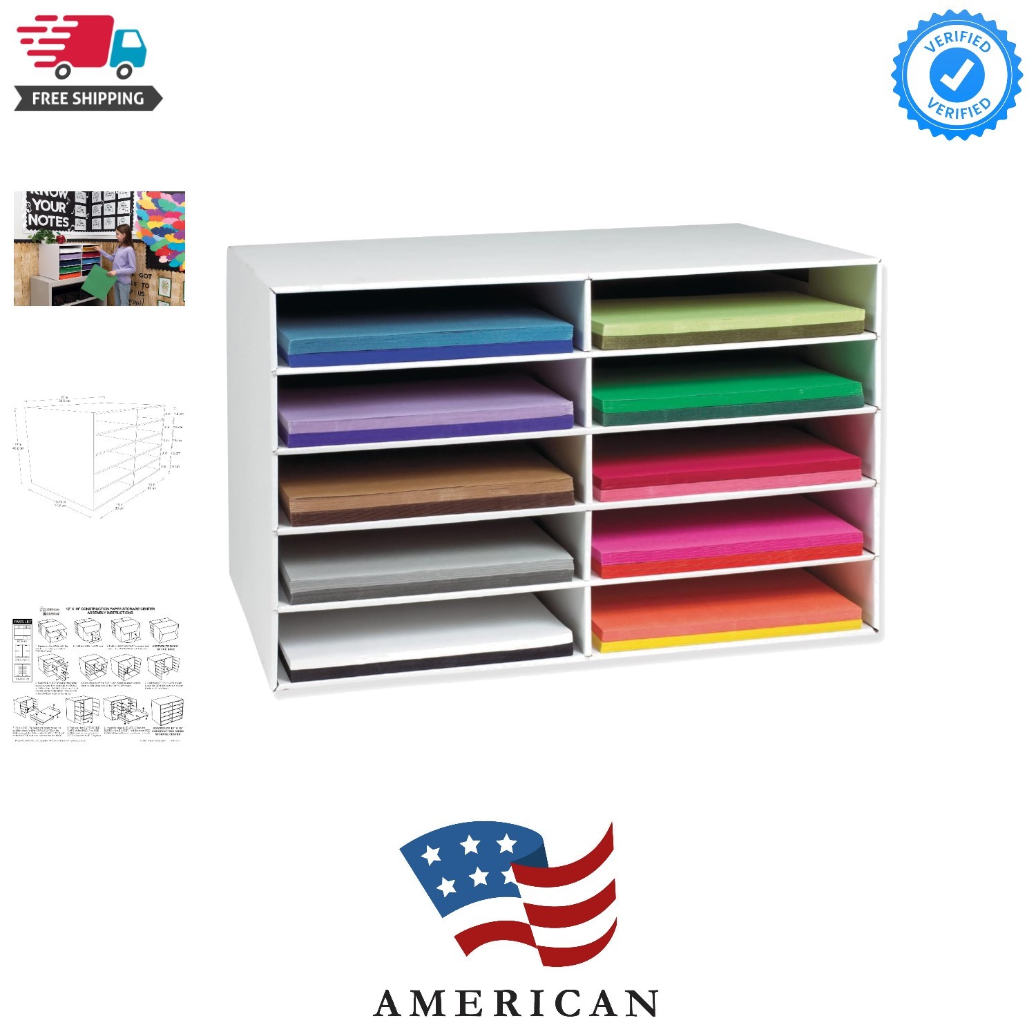 Classroom Keepers 12" x 18" Construction Paper Storage, 10-Slot, White, 17" H...