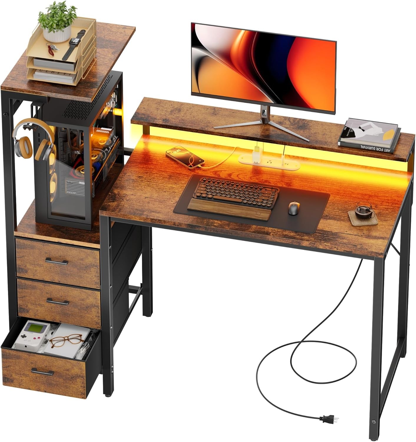 Computer Desk with Led Lights & Drawers, Game Desk with Stand, Gaming Table