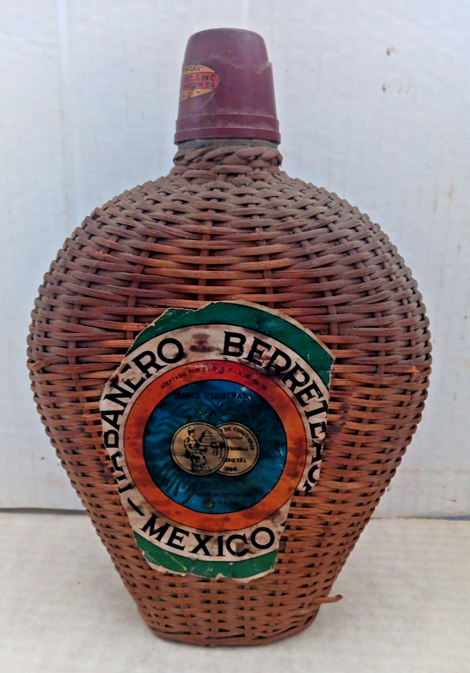 Vintage Bottle Caaa Berreteaga Habanero Wicker Straw Covered Bottle Mexico EMPTY