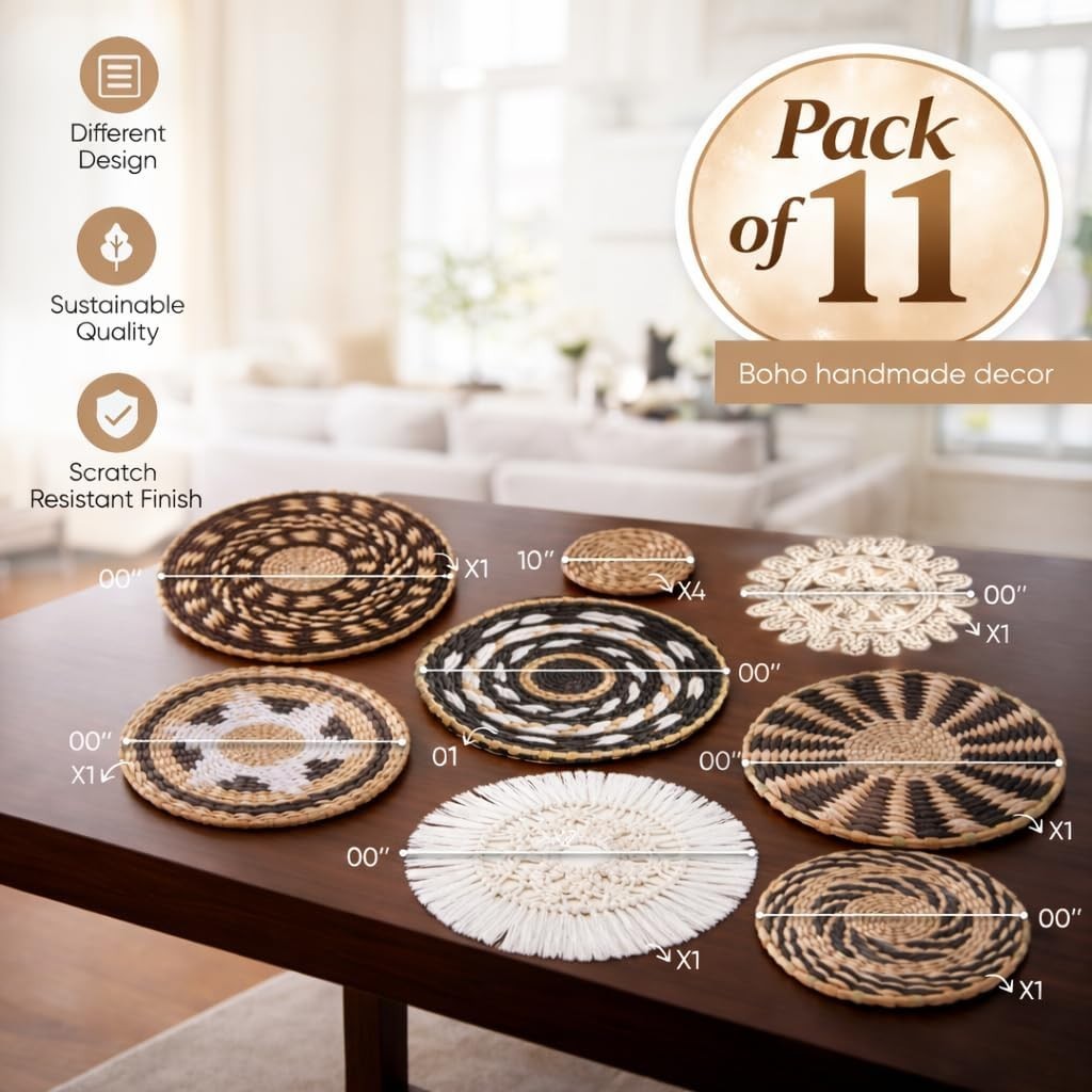 11-Piece Retro Boho Wall Basket Decor – Handmade Woven Wall Baskets, Bohemian...